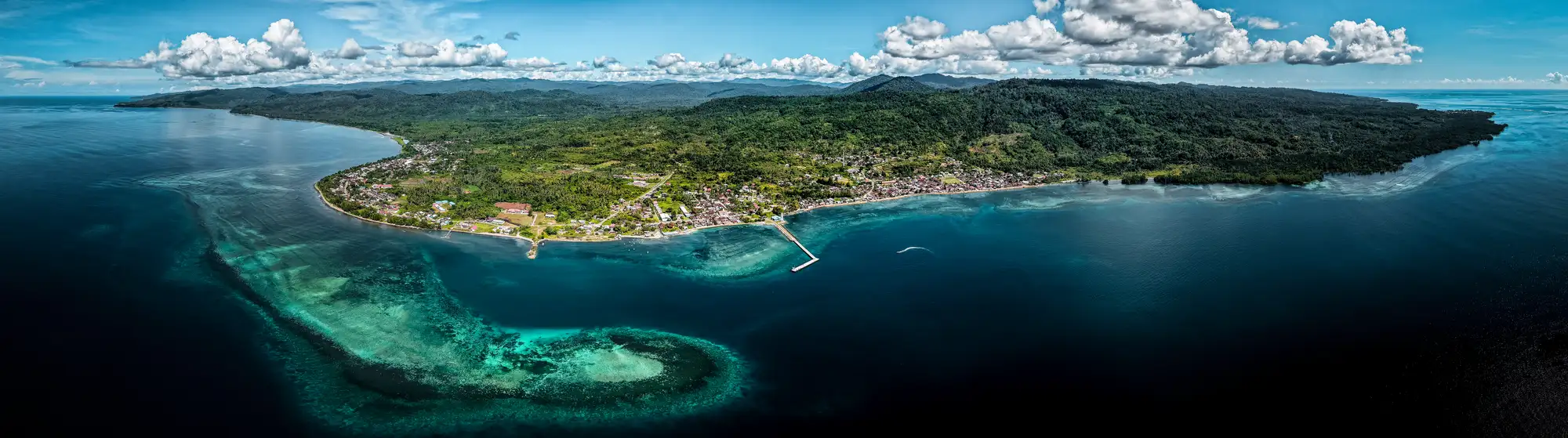 A panoramic photo of an island in South Halmahera, North Maluku
